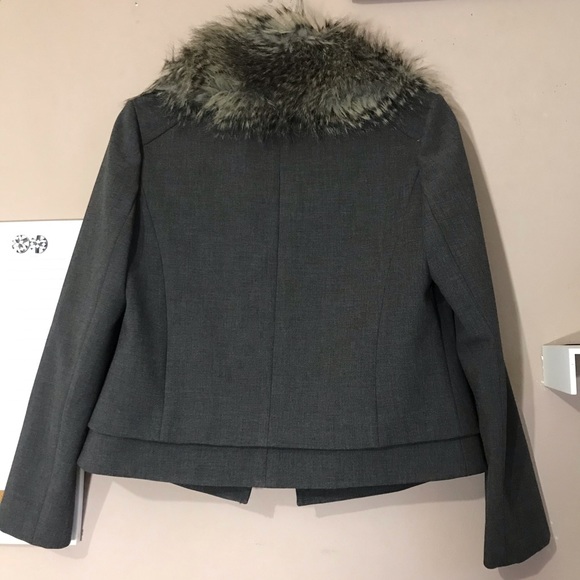 Ann Taylor Blazer Jacket Gray Faux Fur Collar Work - Picture 7 of 8